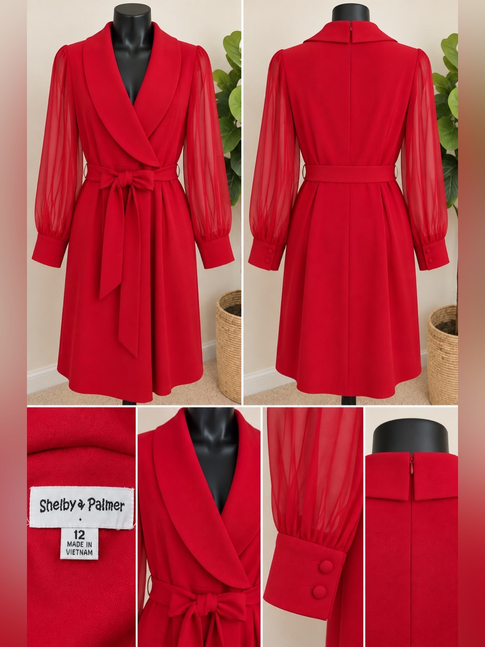 Shelby & Palmer Red Belted Midi Dress with Sheer Balloon Sleeves
